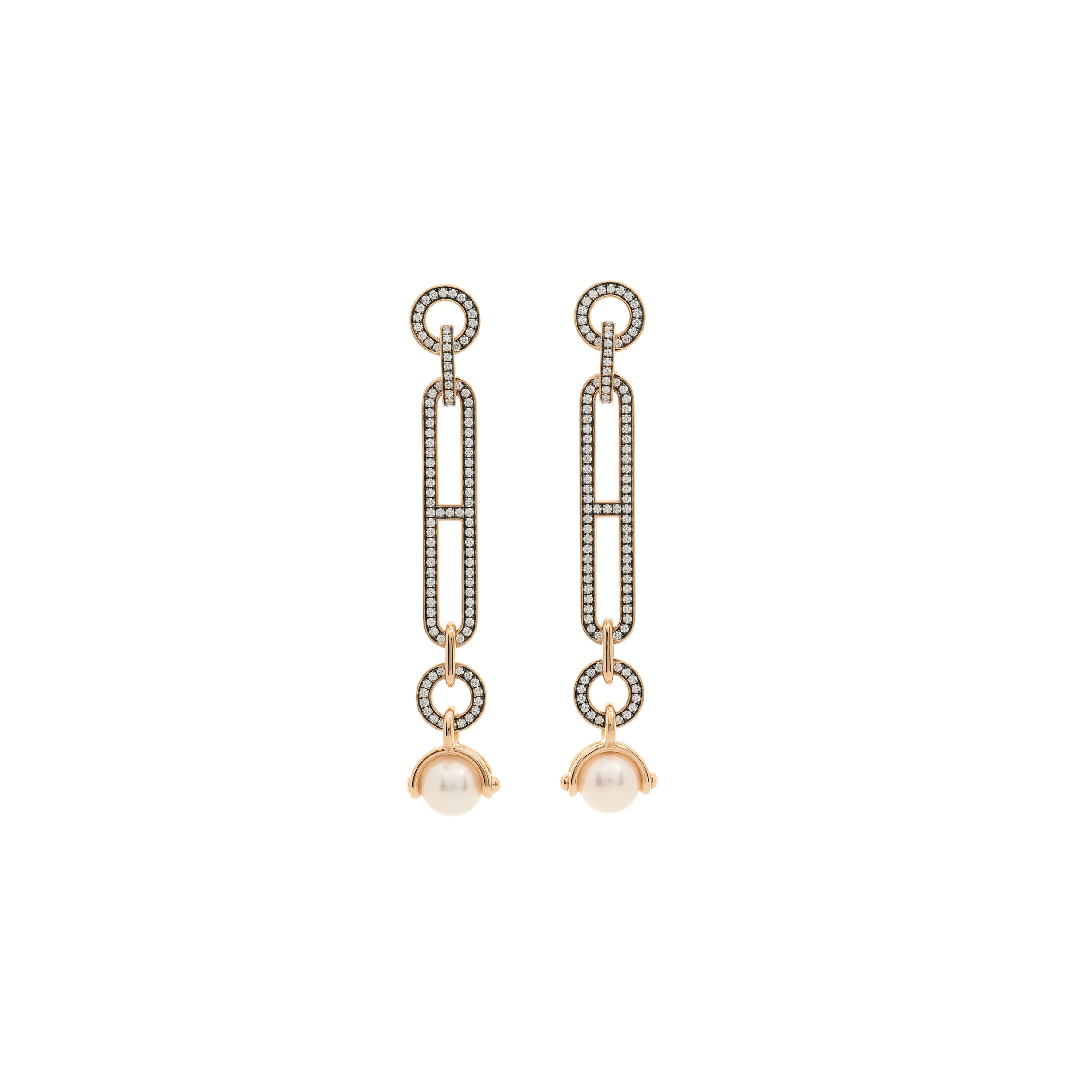 HERMÈS 18K ROSE GOLD DIAMOND PEARL PM CHANDRA DROP EARRINGS 